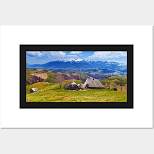 Wooden house and mountains panorama Posters and Art